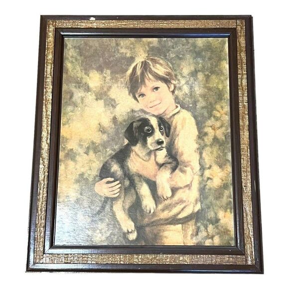 Retro MCM artwork Boy with dog C. Mitchell print Framed Art Vintage Framed Large